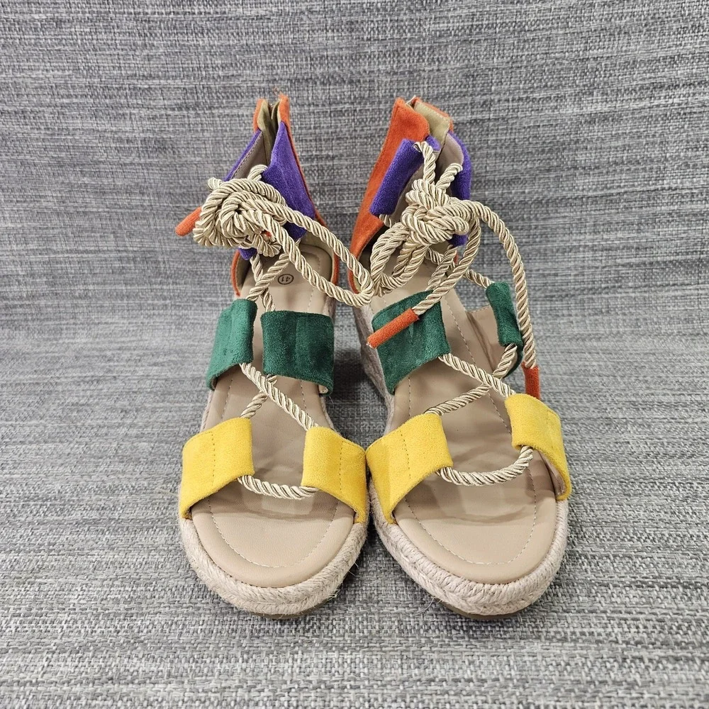 Shein Faux Suede Sandals Espadrille Wedge Ankle Strap Colorblock Women US 9.5/41